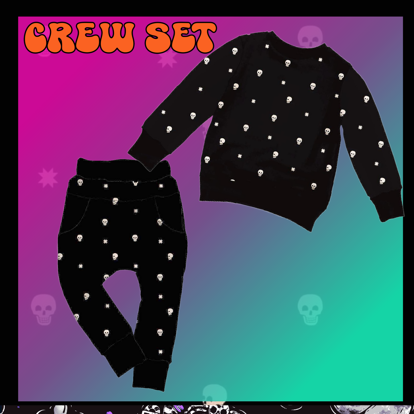 Snowskull Mini Skull Black + Cream Goth Crew Sweatshirt Set!