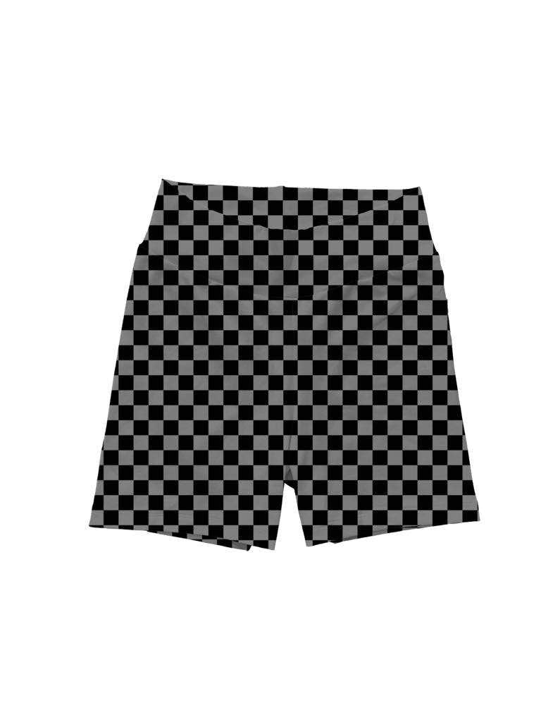 ADULT-- NEW BAMBOO BLEND GRAY + BLACK CHECKER LUXE High Waisted MED Length Bikers! Pair w/ Boxy tops! Twirls!