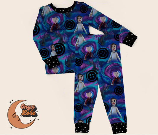 Spooky Button Eyes Girl + Her Cat Two Piece Lounge Set.