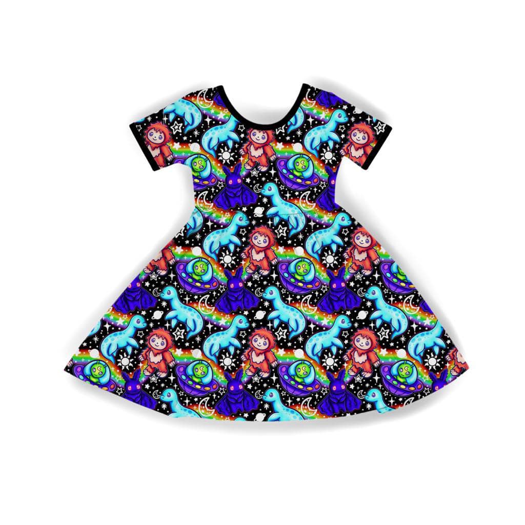 1990s Believe in Yourself + Your Magic Cryptids Twirl Dress! Kids- Adult! Bigfoot + Nessie + Alien love!