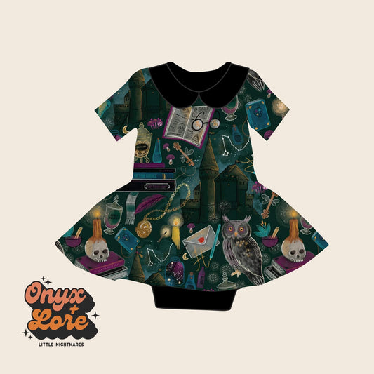 Ready to Ship Dark ARTS + Academia Wizard Baby Twirl Leo Dress 0-24m!