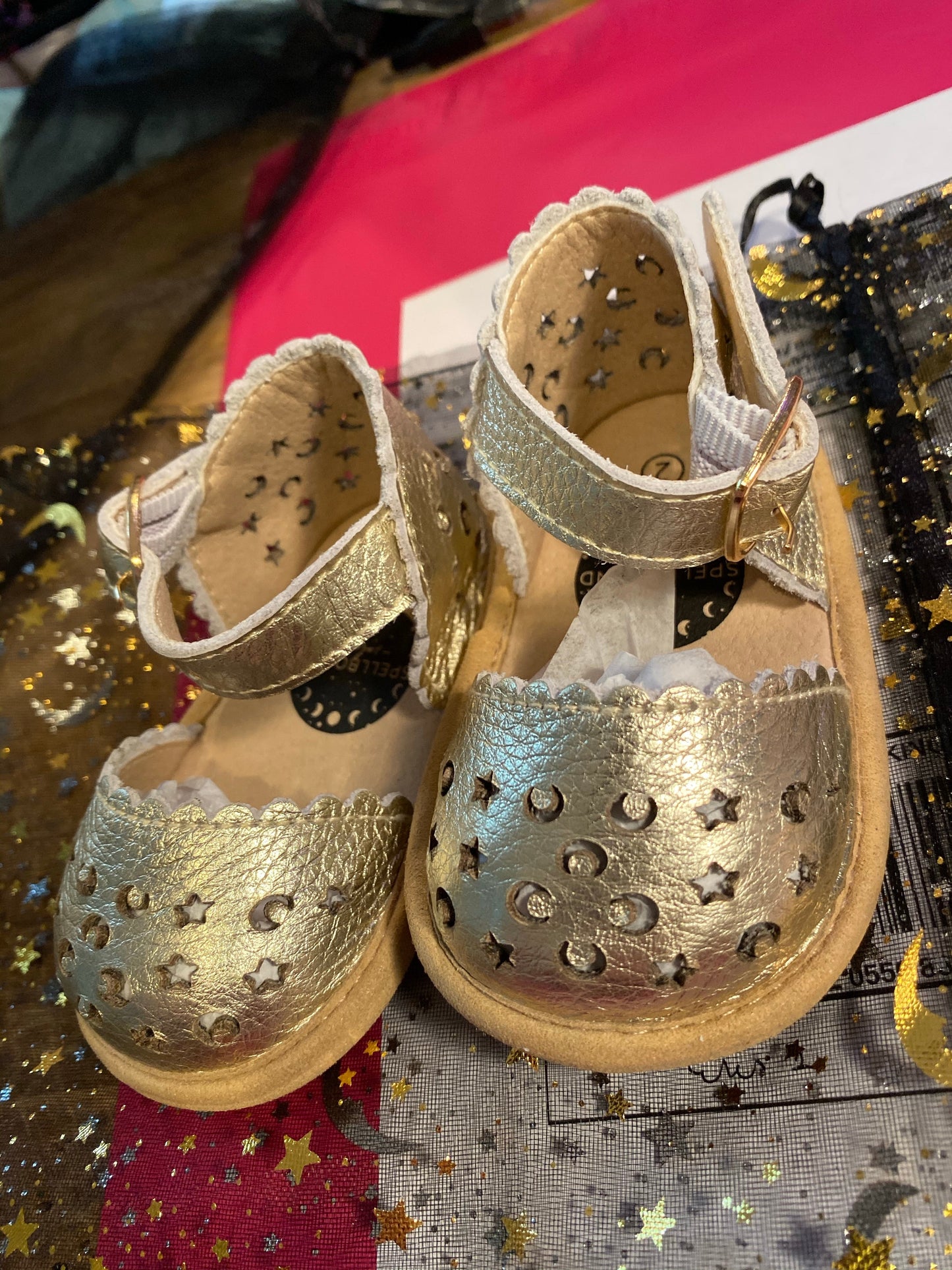 The Eris Sandal- Champagne Leather with Moons + Stars
