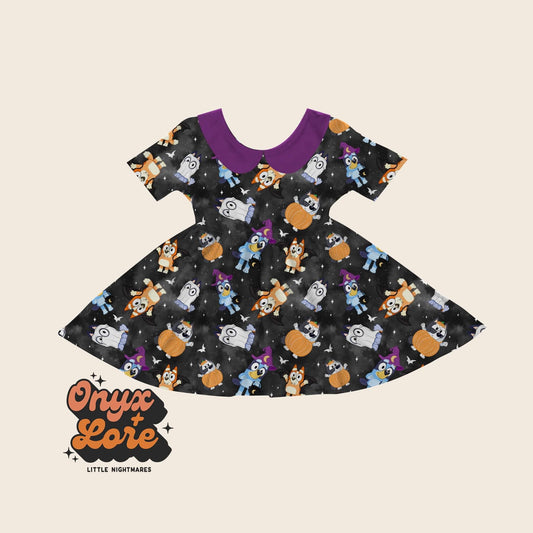 Ready to Ship- Spooky Pumpkin Muffin  Twirl Dress with Purple Peter Pan Collar! Bigger Sizes