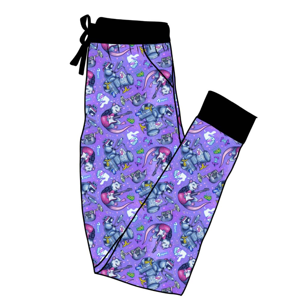 Trash Metal Adult Bamboo Modern Joggers! Opossum + Raccoon! Purple/Black!  Rock Band!