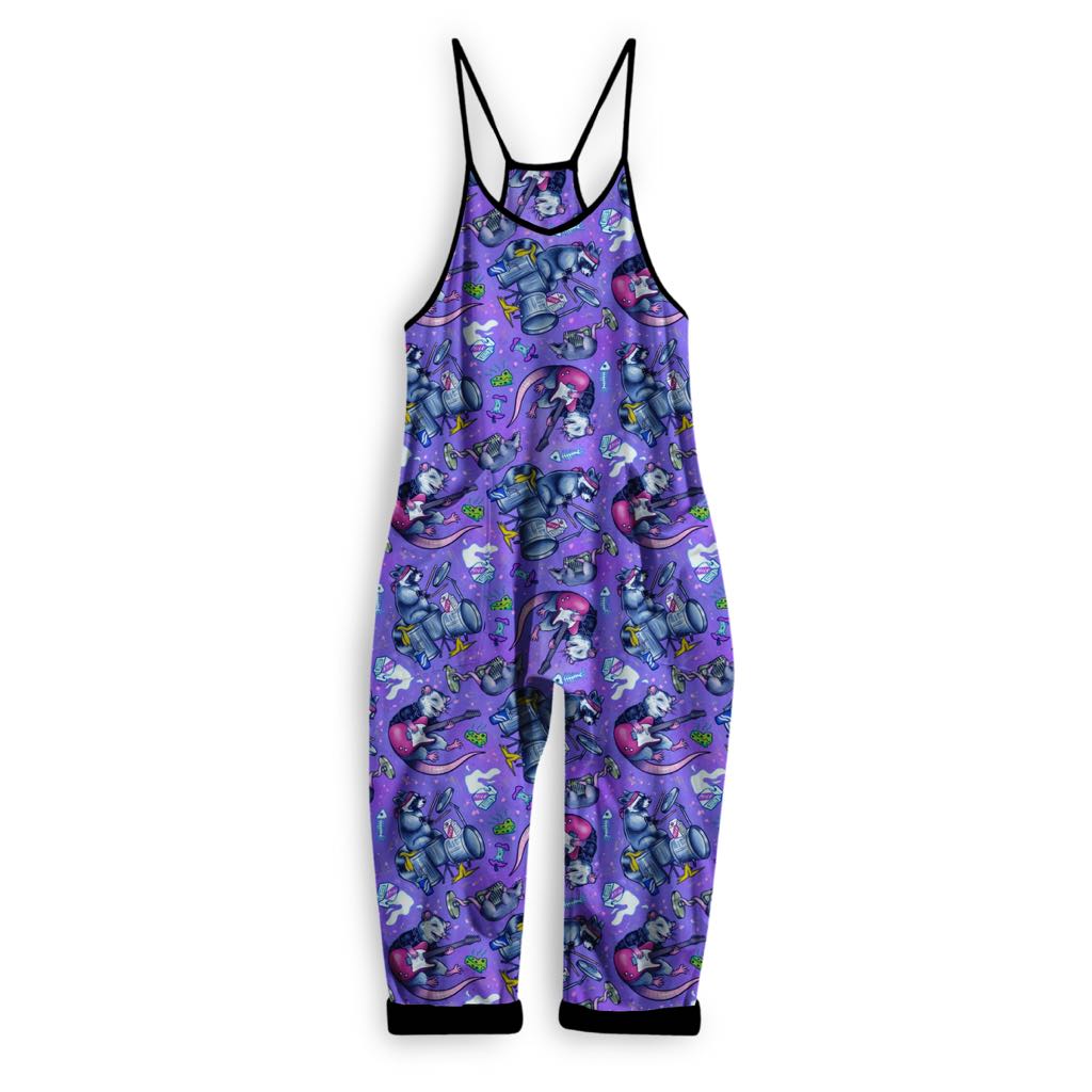 Trash Metal Opossum + Raccoon Rock Besties Flowy Bamboo Daywear Overalls! Purple + Black