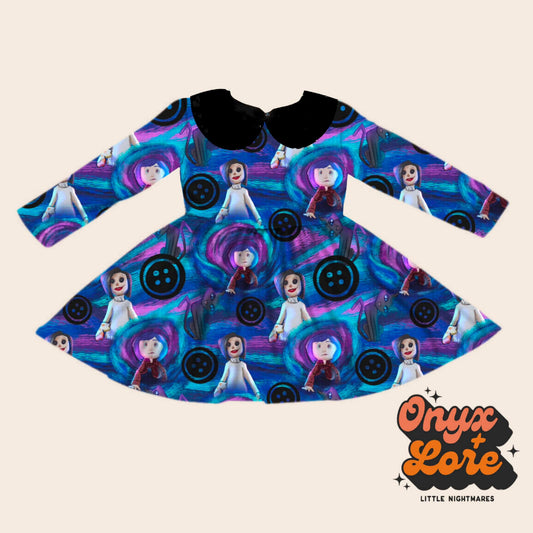 JAN- Button Eyes Girl + Her Cat Toddler Twirl Dress!