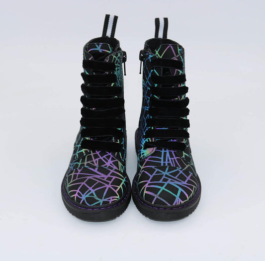 Spooky Reflective Spiderweb Combat Boots! They Glow in the light!