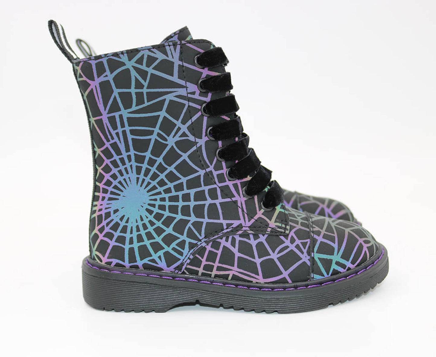 Spooky Reflective Spiderweb Combat Boots! They Glow in the light!